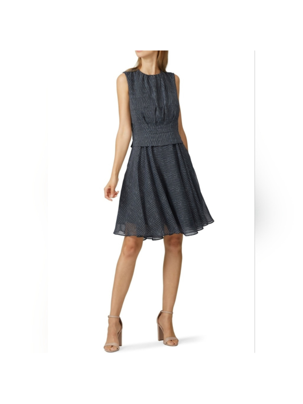 Derek Lam Pintuck Waist Faux Silk Chiffon A Line Knee Length Dress Gray Black 4